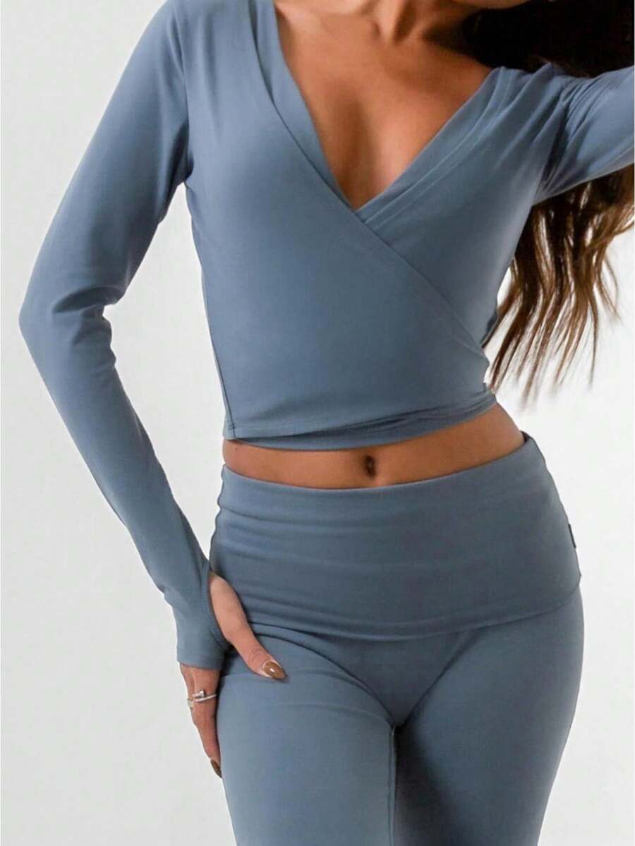 Women's Ballet Wrap Tops V Neck Long Sleeve Slim Fit Self Tie Workout Pilates Yoga Wrap Tops Y2k Dance Shirt - 藍色 - 查看 1