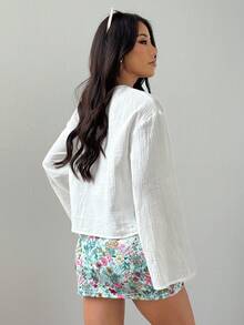 Casual Textured Plaid Lace-Up Loose Blouse For Women, Everyday Wear - White - View 5