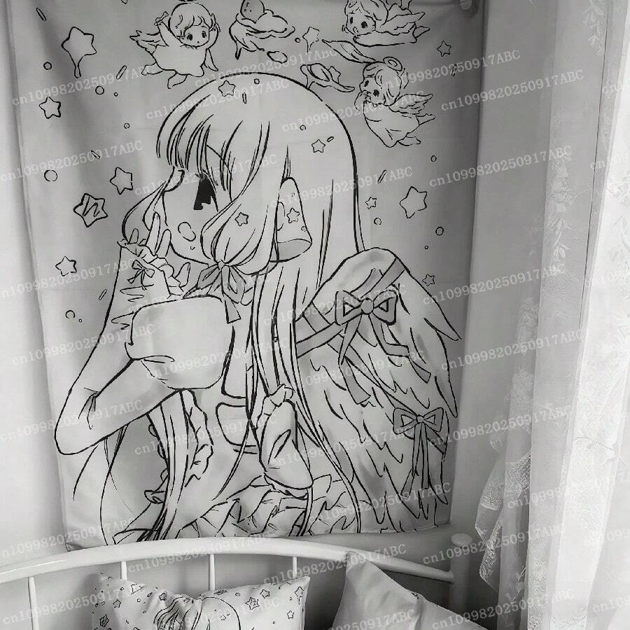 Kawaii Home Decor Wall Hanging Tapestry Anime Pink Tapestry Wall Bedroom Background Decor Cute Lady Tapestries Home Tapestry(2).Jpg - 白色 - 查看 1