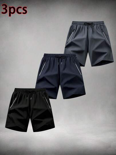 3pcs/Set Men's Outdoor Sports Fitness Solid Color Casual Running Shorts Summer
