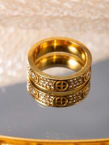 1枚18K镀金不锈钢微镶星空十字戒指，经典欧美时尚个性戒指，男女皆宜 - 彩色 - 查看 6