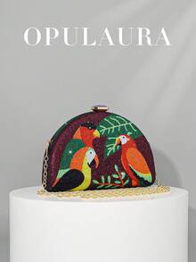 OpulAura 新款时尚闪亮鹦鹉图案水钻手拿包，欧美设计，亮丽夏日色彩，完美适合派对女孩、女士、新娘——适用于派对、婚礼、舞会、晚宴/宴会，可完美搭配婚纱、女士正式礼服、生日礼服。 - 紫色 - 查看 3