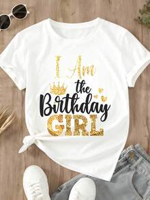 Birthday Theme Women's Plus Size Short Sleeve T-Shirt With Glitter Crown And Text I Am The Birthday Girl For Party Celebration - trắng - Xem 2