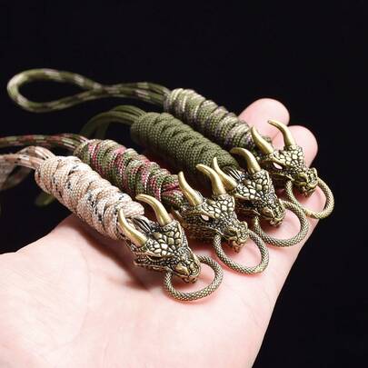Dragon Head Braided Paracord Bracelet, Outdoor Tactical Anti-Lost Key Chain Lanyard, Biker Style Wrist Strap Accessory