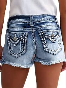 Women's Retro Embroidered Hole Stretch Denim Shorts-Waist Tight Denim Shorts Frayed Hem Summer Comfortable And Fashionable Suitable For Casual Wear - 藍色 - 查看 2