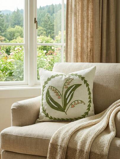 1pc Spring And Summer Polyester And Linen Square Flower Embroidery Pillow Cover, Home Decorations Pillowcase Without Insert, Living Room Decor, Farmhouse And Daily Use