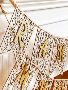 Pancarta Eid Mubarak, Decoraciones de fiesta de Ramadán (Bendiciones de Ramadán), Pancarta Eid Mubarak, Decoraciones de Ramadán de madera, Pancarta decorativa de Ramadán con cuentas rústicas, Suministros de fiesta de Ramadán, Adecuado para chimenea del hogar, interior y exterior, blanco, dorado, negro - Multicolor - Ver 5