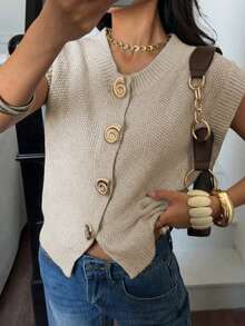 Women's Casual Commuter Metal Buckle Knit Cardigan, Crew Neck Batwing Sleeved Fashion New Style Button Down Jacket, Spring Summer Fall - Camel - View 6