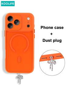 Koolife 2pcs Phone Case + Dust Plug Set: [1pc Magnetic Protective Phone Case, 1pc Rhinestone Butterfly Dust Plug], Built-In Lens Protector, PC+TPU, Wireless Charging Compatible, Matte Texture, Full Coverage Shockproof, Compatible With Apple11/11pro/11promx/12/12pro/12promax/13/13Pro/13ProMax/14/14Pro/14ProMax/14 Plus/15/15 Plus/15Pro/15ProMax/16/16Pro/16ProMax/16e/17/17Pro/17ProMax/17Air - Orange + Butterfly Accessories - View 1