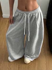 1pc Women's Casual Loose Front Tie Sports Pants, Suitable For Summer, Daily Wear, Graduation Ceremony, Back To School, Female Teacher - Grey - View 3