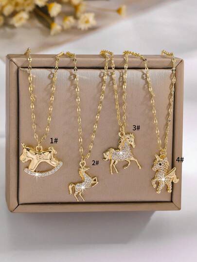 1件优雅休闲摇马吊坠项链，镶嵌闪亮立方氧化锆，适合女性和女孩，是马年和新年的绝佳礼物。