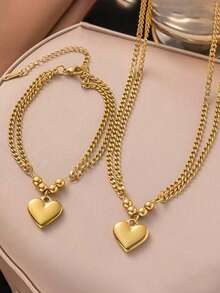 Multi-Layer Gold Heart Pendant Necklace & Bracelet Jewelry Set For Women, Stainless Steel Everyday Wear & Gift - Yellow Gold - View 12