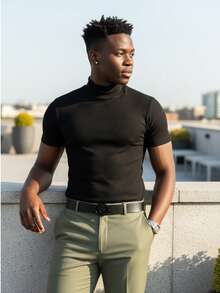 Men's Ribbed Cotton T-Shirt, High Neck, Casual, Sporty, Slim - Black - View 4