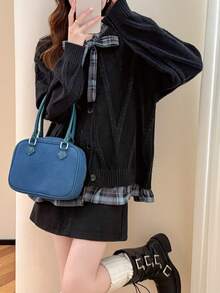 Áo len nữ dáng rộng kẻ caro phối nhiều mảnh, màu đen, thích hợp cho mùa thu/đông. - màu đen - Xem 4