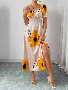 Women's Floral Print Off Shoulder Knot Front Thigh Slit Dress - 黃色 - 查看 4