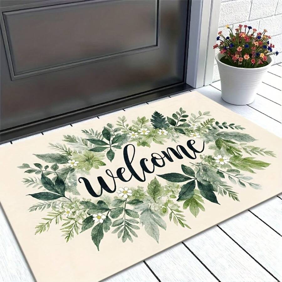 Elegant Floral Welcome Doormat - Non-Slip Backing, Machine Washable Indoor/Outdoor Mat With Green Foliage & Flowers, Soft Comfortable Home Decor, Durable Polyester For Entryway, Bedroom, Living Room - 彩色 - 查看 1