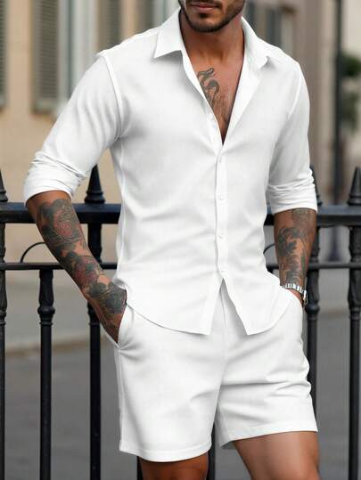 2 piezas Camisa de manga larga con botones y pantalón corto de unicolor para hombre, conjunto casual adecuado para vacaciones, playa, uso diario casual, verano