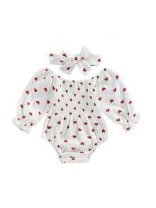 Mono de San Valentín para niñas pequeñas, con estampado de corazones, manga larga, cuello barco, monos para otoño e invierno con diadema - Blanco - Ver 1