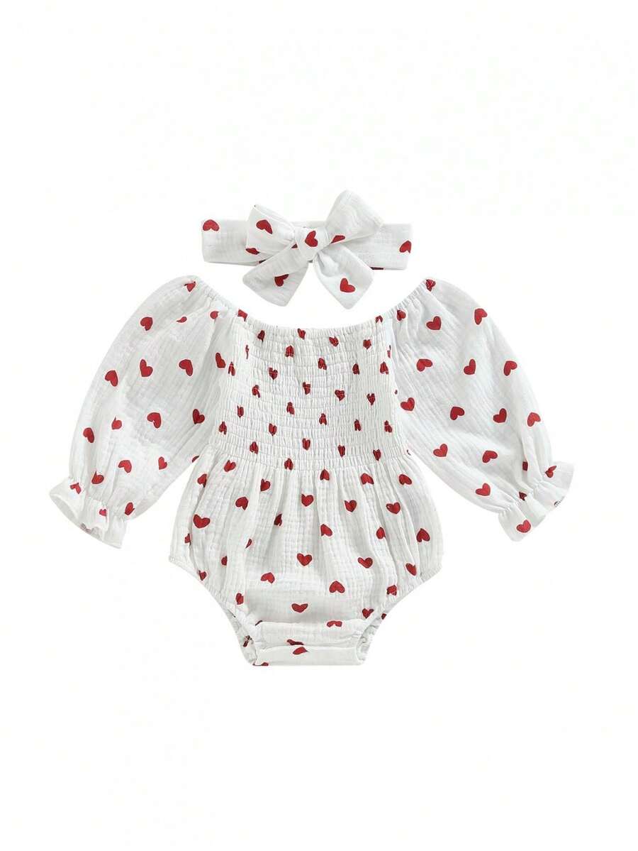 Mono de San Valentín para niñas pequeñas, con estampado de corazones, manga larga, cuello barco, monos para otoño e invierno con diadema - Blanco - Ver 1