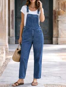 Women's Retro American Style Washed Blue Denim Overalls, Comfortable Non-Stretch Casual Jeans - Blue - View 5