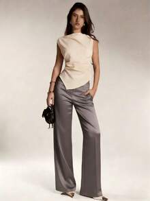 女士缎面真丝纯色长裤，带口袋和拉链，适合度假、办公、早午餐、机场等场合，四季皆宜，春季百搭。 - 灰色 - 查看 5