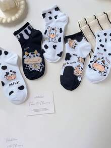 5 Pairs Of Japanese-Style Women's Socks, New Spring And Summer Low-Cut Socks, Cute Cartoon Cow, INS Style, Fashionable Student Creative Short Socks - Multicolor - View 4