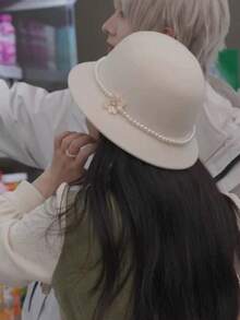 Shiny Polyester Pearl Flower Wool Bucket Hat, Elegant French Retro Small Basin Hat, Suitable For Autumn/Winter, Graceful Elegant Lady Gift - Multicolor - View 2