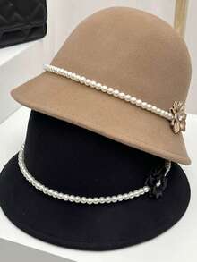Shiny Polyester Pearl Flower Wool Bucket Hat, Elegant French Retro Small Basin Hat, Suitable For Autumn/Winter, Graceful Elegant Lady Gift - Multicolor - View 3