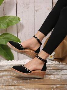 Women's Casual Pearl Pointed Toe Wedge Sandals, Breathable Fabric Upper, High Heel & Cushioned PU Sole, Comfortable Buckle Closure, Fashion Summer Shoes - Black - View 2