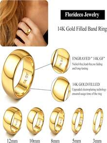 14K Gold Filled Ring For Women Men Thick Thin Pinky Thumb Ring Wedding Band Ring Non Tarnish Plain Domed Comfort Fit Size 6 To 10 - 金色 - 查看 2