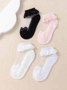 4双装纯棉女童及幼儿薄款透气玻璃丝短袜，婴儿袜 - 彩色 - 查看 4