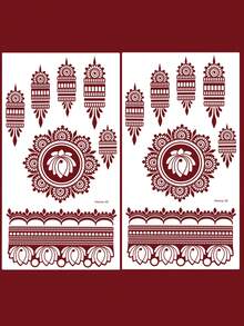 2pcs Floral Design Brown, Red, Burgundy Sexy Toe & Hand Temporary Tattoo Stickers, Suitable For Women, Henna Inspired Flower Print Waterproof Tattoo Stickers, Brown Tattoo Stickers For Body Art, Wedding Party - Red - View 7
