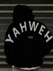 Men's Hoodie |   Letter Graphic Print YAHWEH Exodus 14:14 Faith Style |   Cotton Material Comfort & Breathability Casual & Sporty Outfits--Going Out Tops For Men, Men Gifts. - 黑色 - 查看 1