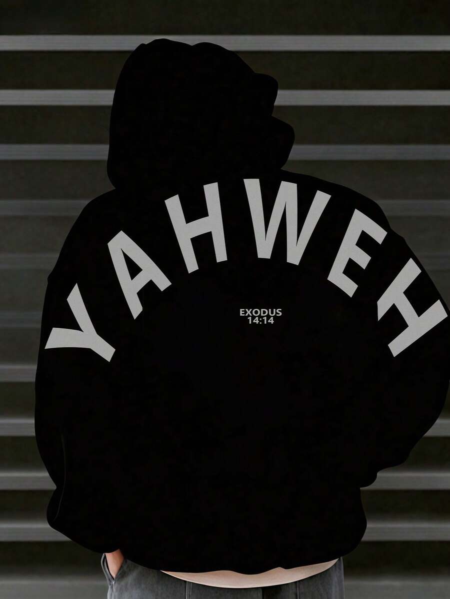 Men's Hoodie |   Letter Graphic Print YAHWEH Exodus 14:14 Faith Style |   Cotton Material Comfort & Breathability Casual & Sporty Outfits--Going Out Tops For Men, Men Gifts. - 黑色 - 查看 1