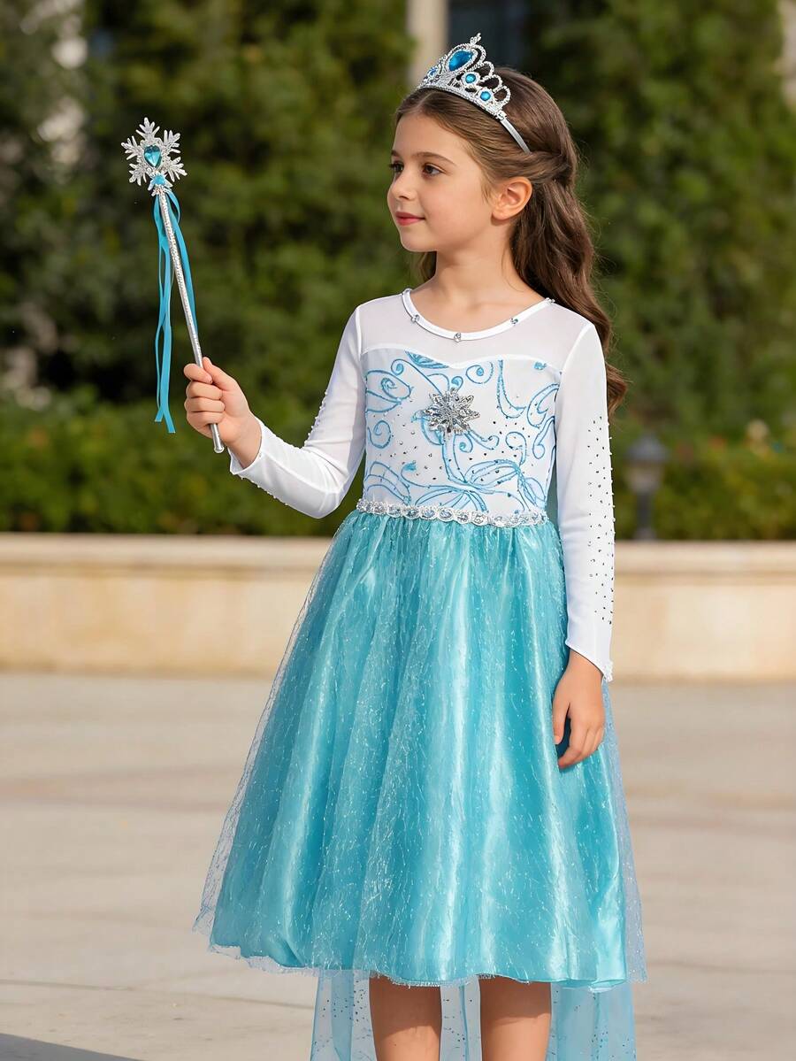 3pcs/Set Girls Blue Princess Dress, Mesh Design Long Sleeve Children Dress, Girls Party Costume, Suitable For Holiday Party, Children Holiday Gift - Blue - View 1