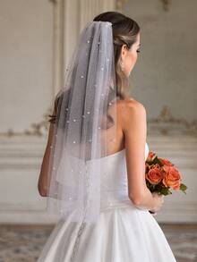 1pc Shiny Pearl Bridal Veil, Minimalist & Elegant Design, Suitable For Wedding Dress, Cathedral Wedding - Multicolor - View 5