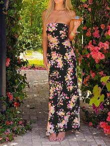 Valentine Outfits For WomenWomen's Floral Digital Print Backless Bodycon Dress, Elegant Sexy Strapless Y2K Party Cocktail Beach Boho Dress, Spring/Summer/AutumnLoose And Comfortablevalentine's Day - 黑色 - 查看 5