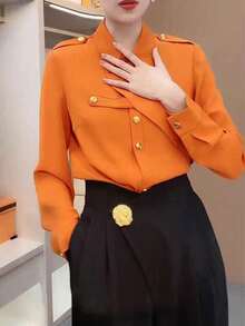 SUNSTORY 女士撞色优雅性感衬衫，女士优雅休闲长袖衬衫，通勤上衣，海滩早午餐套装，办公室茶话会音乐节衬衫，乡村音乐节连衣裙，休闲户外度假连衣裙，返校连衣裙，复古休闲衬衫，优雅通勤商务度假衬衫 - 橘色 - 查看 2