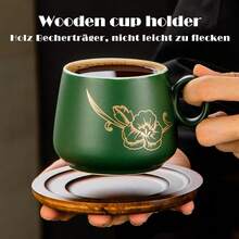 Yundu Matt-Keramik Cappuccino Tassen Set 4er-Set – 300ml Cappuccino Tassen mit Holzuntersetzern & Goldblumen-Design, Kaffeetassen Set mit Untertasse für Latte Art, Espressotassen, Tee-5714 - Mattgrün - Übersicht 4