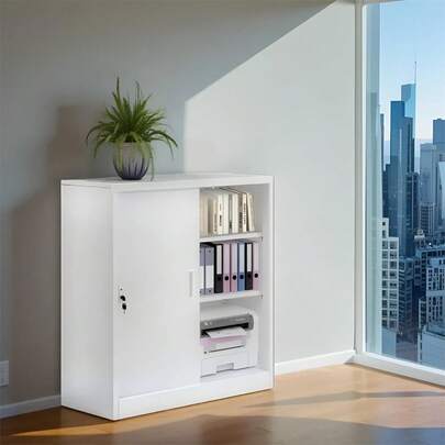 OSJ スチール製ロックキャビネット 鍵付き収納棚 傷防止・汚れ防止コーティング 可動棚付き A4サイズ対応 ホワイト オフィス・病院・学校用 (高耐久セキュリティ収納)