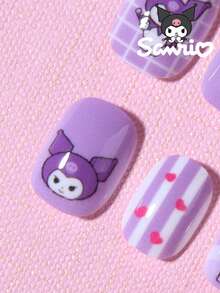 SANRIO 24片Y2K风格方形短指甲贴纸，带有可爱蝴蝶结、葡萄和爱心图案，完美贴合人造指甲，适合女性和女孩日常使用，美甲艺术 - 彩色 - 查看 4