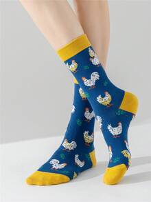 1双男士透气舒适可爱母鸡和青草图案创意袜子，中筒及踝长度，春秋季 - 寶藍色 - 查看 4
