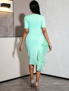 Mint Green Elegant Mid-Length Dress, Heart-Shaped Neckline With Ruffle Design, Fitted Style, Suitable For Wedding Guests And Cocktail Parties - Mint Green - View 2