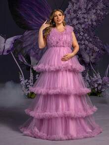 Faeriesty Gaun Pesta Maxi Tanpa Lengan Leher V Ukuran Plus Elegan untuk Ibu Hamil, Desain Berkerut Menambah Pesona Feminin (Lapisan yang Indah), Cocok untuk Pernikahan Musim Semi, Perayaan Hari Ibu - Purple - View 5
