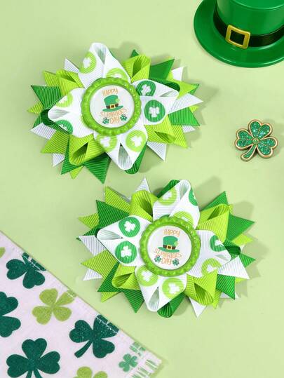 2个装圣帕特里克节三叶草印花发夹，女士女孩幸运三叶草蝴蝶结鳄鱼夹，可爱多层发夹，精致游行发卡，甜美可爱三叶草发卡，女士发饰