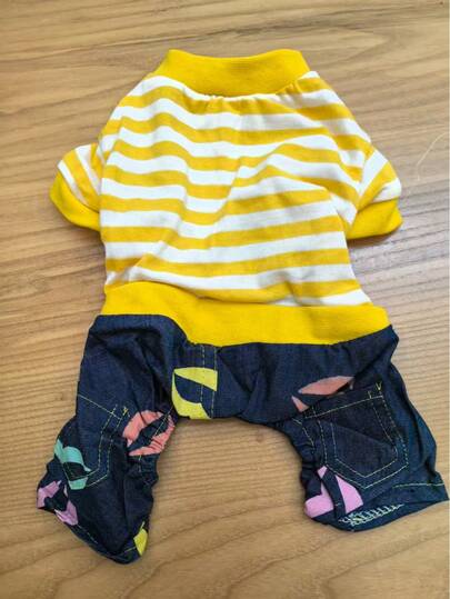 Spring/Summer New Pet Dog Cat Clothes, Poodle, Bichon Frise, Teddy, Ragdoll Cat, Siamese Cat Denim Pants, Yellow Striped T-Shirt, Fashionable Patchwork