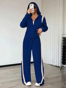 Women's Spring/Summer Casual Long Sleeve Zip-Up Top And Straight Leg Pants Set, Autumn Casual Patchwork Two Pieces Outfit, Elegant Color Block Hooded Drawstring Set, Striped & Solid Color Casual Pocket Zip Drawstring Office/Daily Wear Spring/Summer/Autumn Set - Royal Blue - View 3
