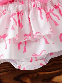 3pcs Baby Girl Princess Style Set: Ruffled Trim Button Decor Cap Sleeve Pink T-Shirt, Butterfly Print Double-Layer Cake Skirt With Bow Decor, And Bow Headband - Pink - View 7