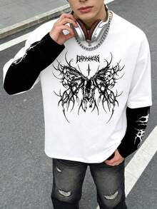 YUNCHIC - Men's Long Sleeve Crew Neck Style, Breathable And Versatile, Loose Casual Undershirt, Korean Minimalist, Creative Classic Pattern, Loose Fit Crew Neck T-Shirt, Casual Top For Autumn - White - View 1