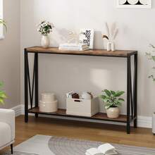 Consola ahorraespacio con 2 estantes para Entrada y salón - Estilo Industrial, Estructura metálica, diseño Fino, Mesa Auxiliar para Pasillo, salón u Oficina, Funcional para sofá, 110 cm - Marrón - Ver 6